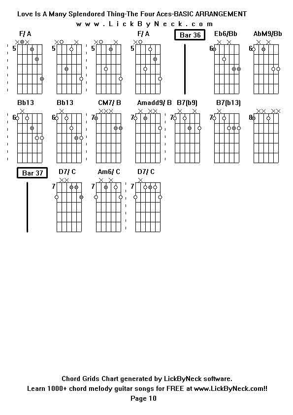 Chord Grids Chart of chord melody fingerstyle guitar song-Love Is A Many Splendored Thing-The Four Aces-BASIC ARRANGEMENT,generated by LickByNeck software.